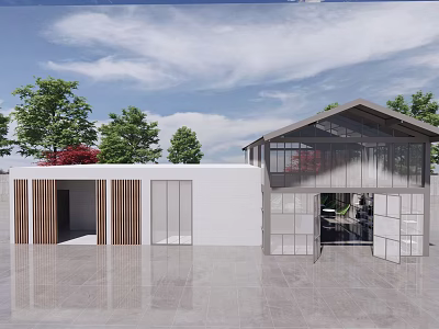 Modern Building Exterior With White Walls Glass Windows Wooden Elements And Trees Under Cloudy Sky 3d model