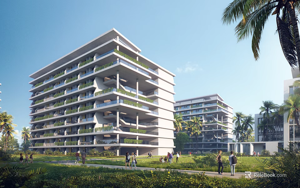 Modern School Buildings With Green Balconies Lawns And Palm Trees 3d model 
