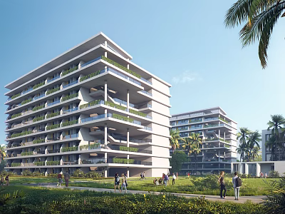 Modern School Buildings With Green Balconies Lawns And Palm Trees 3d model