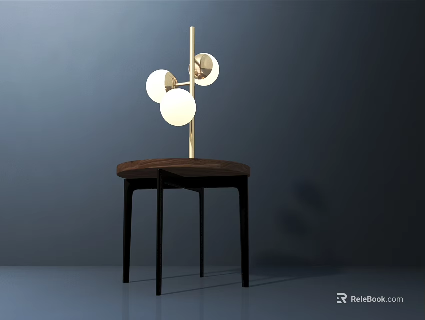 Modern Table Lamp With Metal Pole Three Round Bulbs And Wooden Base 3d model 