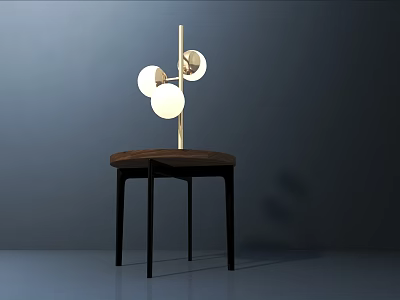 Modern Table Lamp With Metal Pole Three Round Bulbs And Wooden Base 3d model