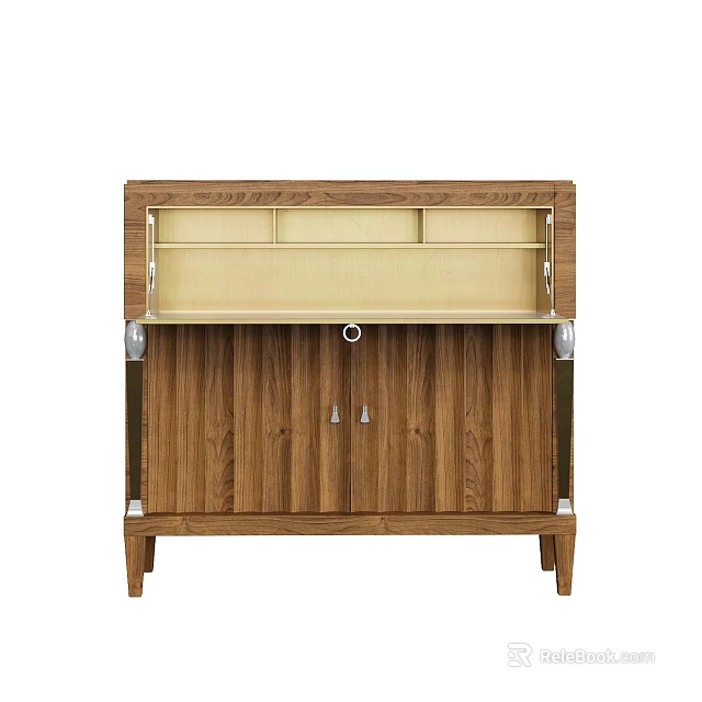 Wooden Storage Cabinet With Double Doors Open Top Shelf And Carved Top Details 3d model 