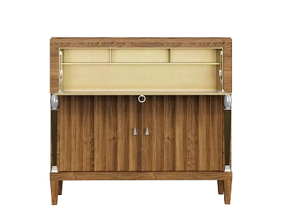 Wooden Storage Cabinet With Double Doors Open Top Shelf And Carved Top Details 3d model