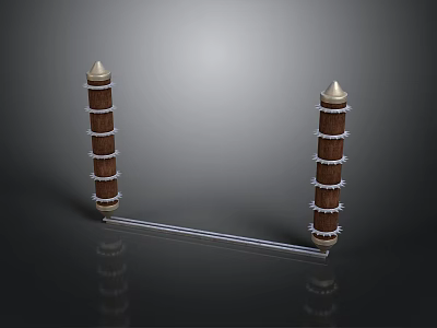 Decorative Household Standing Shelf With Brown Wooden Pillars Golden Spire Tops And White Ring Accents 3d model