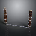 Decorative Household Standing Shelf With Brown Wooden Pillars Golden Spire Tops And White Ring Accents
