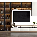 Contemporary TV Cabinet With Open Shelves Drawers White Black Finish Potted Plant And Wine Glasses