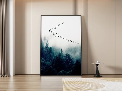 Abstract Painting Featuring Misty Forest Scene And Flying Birds Silhouette In Modern Interior 3d model