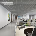 Public Office Space With Open Workstations Computers Desk Chairs Wall Art And Grid Ceiling Lights 3d model