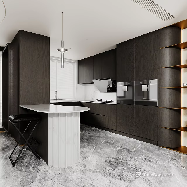 Modern Kitchen Interior With Dark Cabinets White Marble Island And Stainless Steel Appliances 3d model 