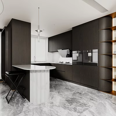 Modern Kitchen Interior With Dark Cabinets White Marble Island And Stainless Steel Appliances 3d model