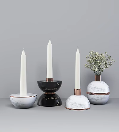 Candle Lamps with White Candles Black and White Marble Bases Copper Accents White Flower Vase 3d model