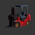 Red Industrial Forklift Truck With Black Cabin Lifting Forks And Wheels