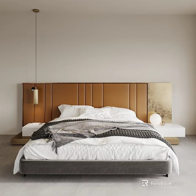 Modern Bedroom Interior With Double Bed Leather Headboard White Bedding And Gray Blanket 3d model