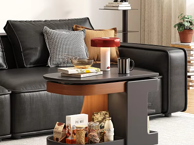 Modern Side Table with Storage Space by Black Leather Sofa Holding Books Mugs and Lamp 3d model