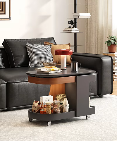 Modern Side Table with Storage Space by Black Leather Sofa Holding Books Mugs and Lamp 3d model