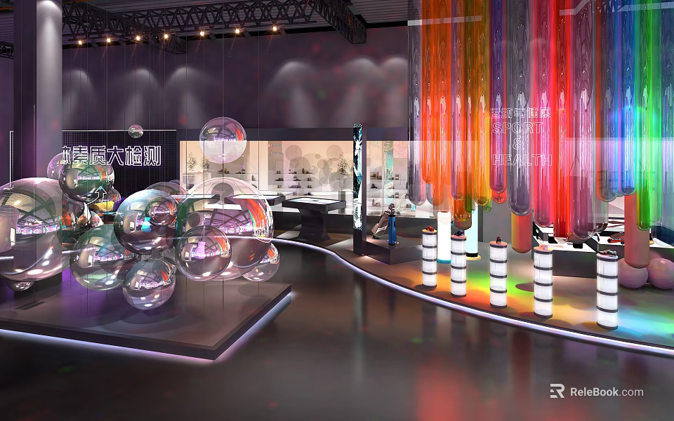 Modern Exhibition Display With Transparent Spheres Colorful Curtains Lighting And Cylindrical Pillars 3d model 