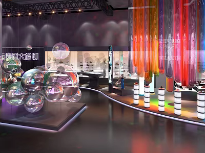 Modern Exhibition Display With Transparent Spheres Colorful Curtains Lighting And Cylindrical Pillars 3d model