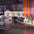 Modern Exhibition Display With Transparent Spheres Colorful Curtains Lighting And Cylindrical Pillars