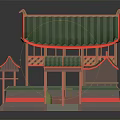 Cartoon Scene Of Traditional Chinese Architecture With Green Roof Red Pillars Wooden Structure And Steps