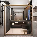 Modern Bathroom Toilet with Dark Wooden Panels Mirror Shelves and Shower Area