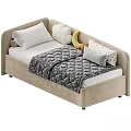 Blue And Beige Kids Bed With Pink Gray Quilts And Banana Cloud Shaped Pillows