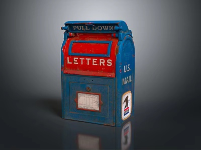 Vintage U.S. Mail Pull Down Letter Box With Red Letters And Blue Body 3d model