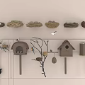 Flying Birds Around Hanging Nests And Birdhouses On Wall With Branches