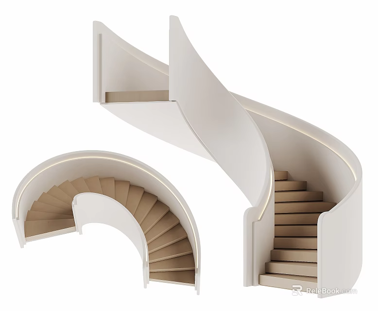 Modern Spiral Staircase With White Railing Wooden Steps And LED Lighting 3d model 