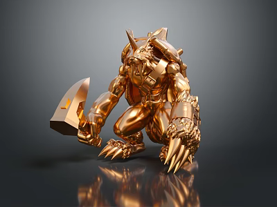 Golden Horned Fantasy Creature Character Holding Large Hammer With Sharp Claws And Metallic Texture 3d model