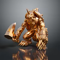 Golden Horned Fantasy Creature Character Holding Large Hammer With Sharp Claws And Metallic Texture