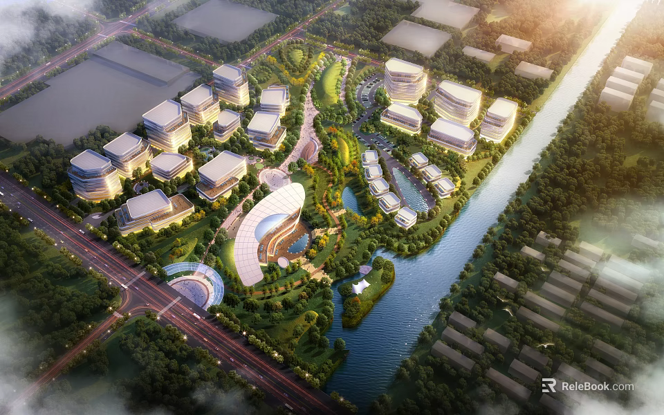 Aerial View Urban Planning With Modern Buildings Green Spaces And Waterfront 3d model 