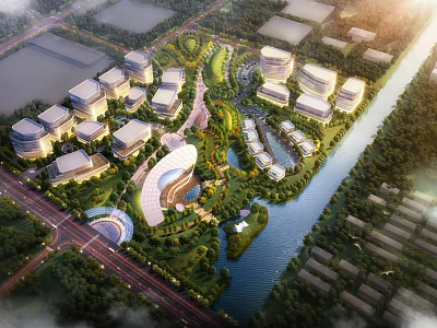 Aerial View Urban Planning With Modern Buildings Green Spaces And Waterfront 3d model