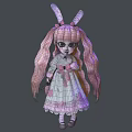 Cute Woman With Pink Long Hair Bunny Ears And Lace Dress In Cartoon Style