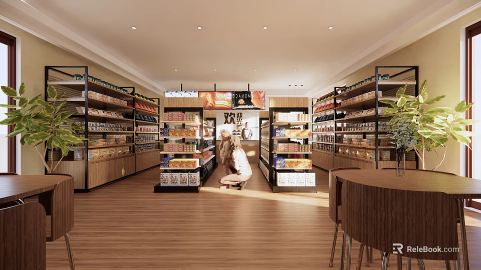 Bright Modern Supermarket Interior With Shelves Full Of Products And Shopping Customer 3d model 