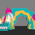 Summer Event Entrance With Colorful Tropical Leaves And Hello Summer Signage