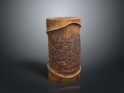 Elegant Bamboo Pen Holder With Hand Carved Landscape Design And Natural Texture 3d model