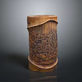 Elegant Bamboo Pen Holder With Hand Carved Landscape Design And Natural Texture