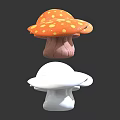 Orange Spotted Mushrooms And White Mushrooms Displayed On Dark Background With Reflections