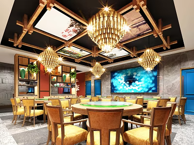 Elegant Banquet Hall Interior With Wooden Ceiling Chandeliers Round Tables And Green Plants 3d model