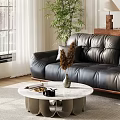 Modern Black Leather Sofa And White Marble Coffee Table Set 3d model