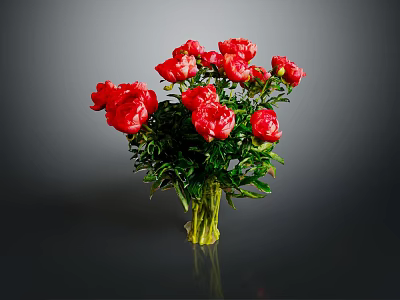 Fresh Red Peonies Bouquet In Clear Glass Vase Against Grey Background 3d model