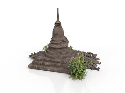 Modern Interior Scene With Ancient Stone Tower Model And Green Plants 3d model