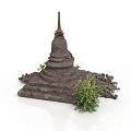 Modern Interior Scene With Ancient Stone Tower Model And Green Plants