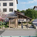 Traditional Wooden Station With Cherry Blossom Trees And People Waiting Nearby