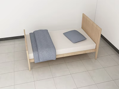 Wooden Frame Single Bed With Gray Blanket And Pillow In White Wall Tile Floor Room 3d model