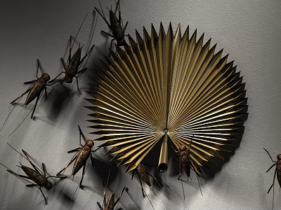 Modern Golden Fan Shaped Wall Decor With Surrounding Cricket Ornaments Design 3d model
