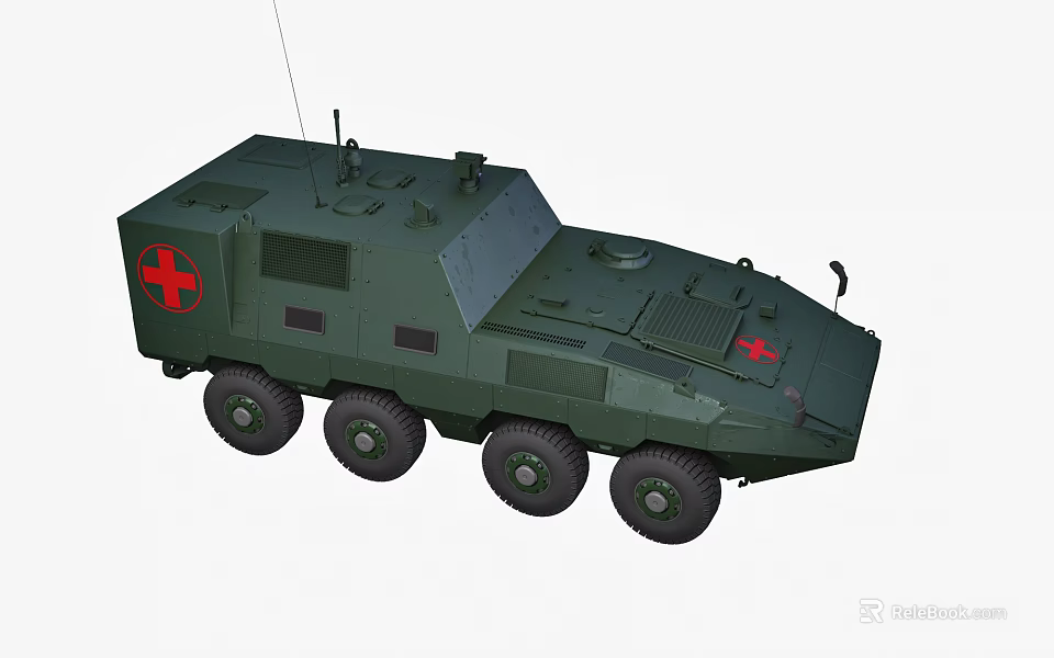 Armored Green Military Functional Vehicle With Red Cross Six Wheels And Antenna 3d model 