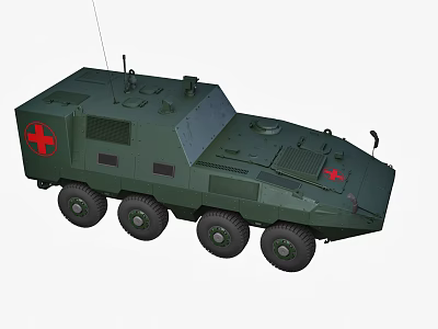 Armored Green Military Functional Vehicle With Red Cross Six Wheels And Antenna 3d model