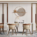 Elegant Modern Restaurant Interior With Dining Table Chairs Round Mirror And Wall Panels