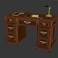 Classic Wooden Desk With Gold Handle Drawers Table Lamp Notebook And Pen
